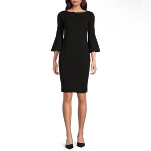 Calvin Klein 3/4 Bell Sleeve Boat Neck Black Sheath Dress Size 6